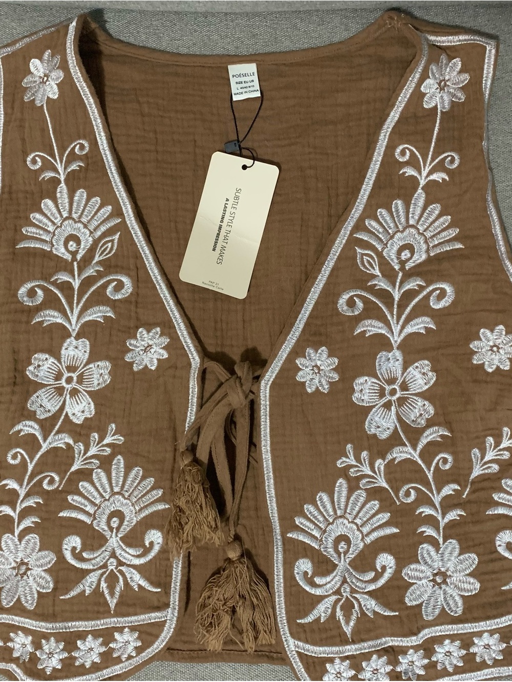 Brown Embroidered Cotton Vest with Tassel Tie